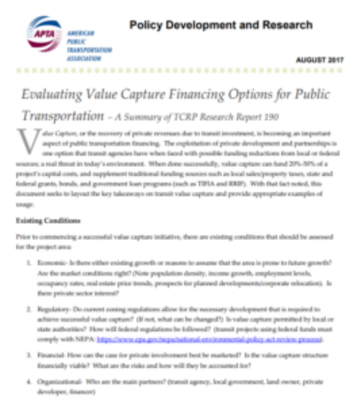 Evaluating Value Capture Financing Options for Public Transportation